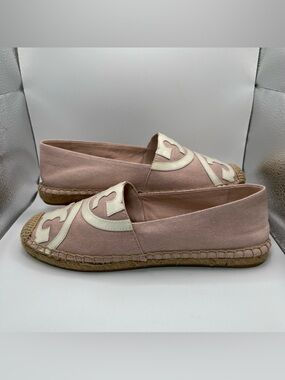 Tory Burch Ines Espadrille Poppy Pink Canvas Patent Leather Logo Flats Womens 7M